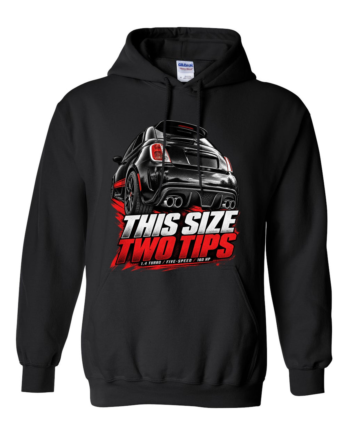 Low rear crop of a US Fiat 500 Abarth exhaust and diffuser on a print black pull over hoodie front view with the design