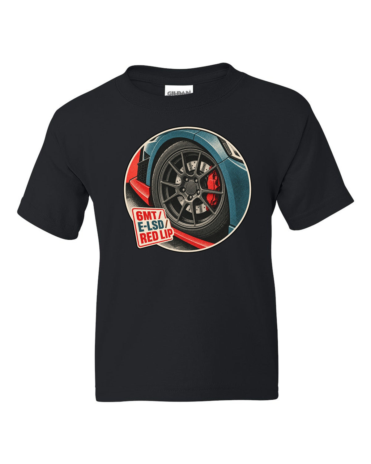 Risograph duotone print of a Hyundai Veloster N JS wheel and red front lip with 6MT E-LSD text black kids tee front view with the design