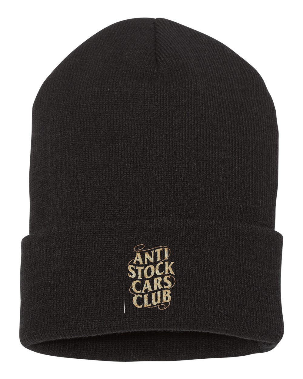 Anti Stock Cars Club Old West Wanted Poster Shirt, Hoodie & More black beanie front view with car name