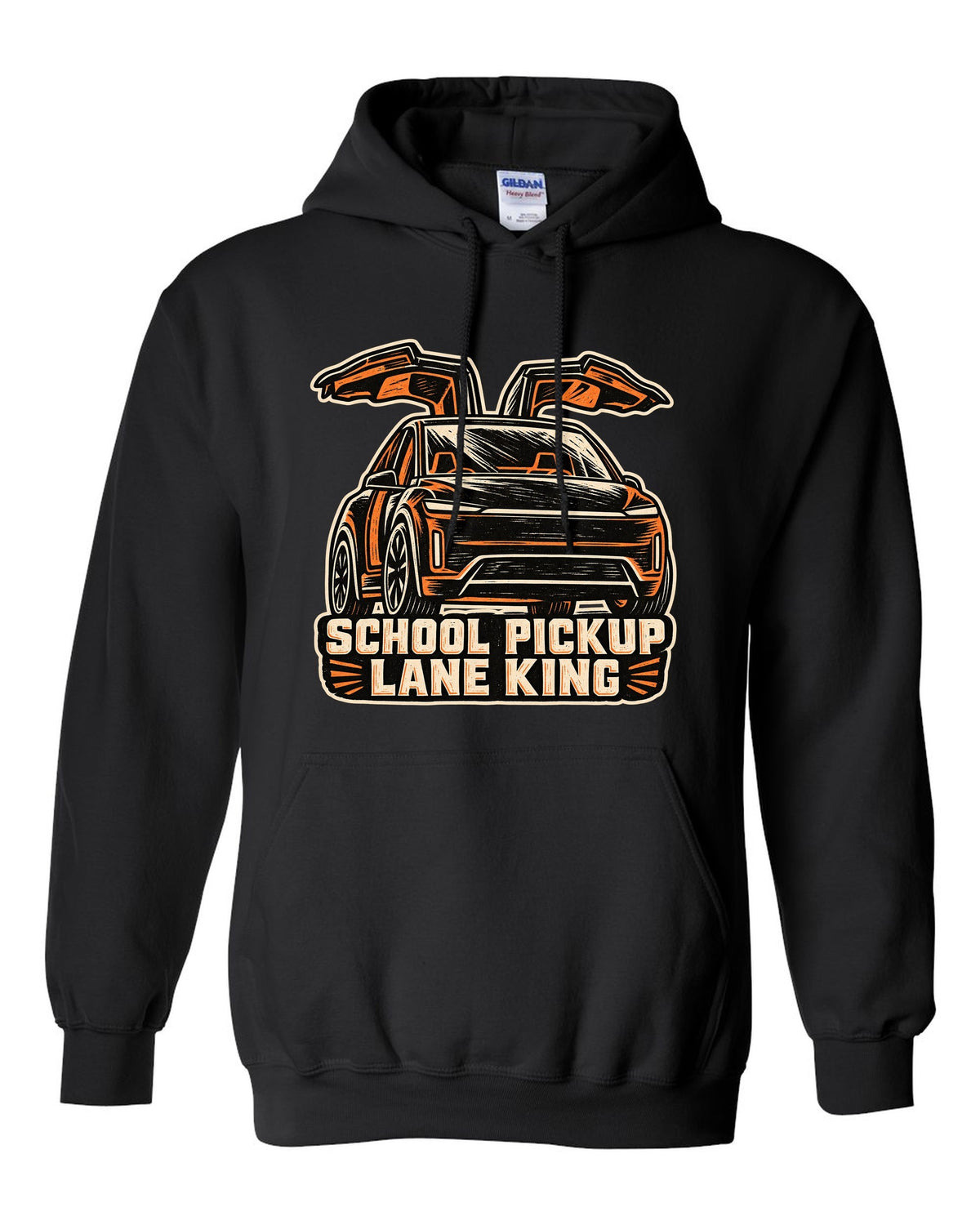 Chunky linocut woodblock print of a Tesla Model X reading School Pickup Lane King black pull over hoodie front view with the design