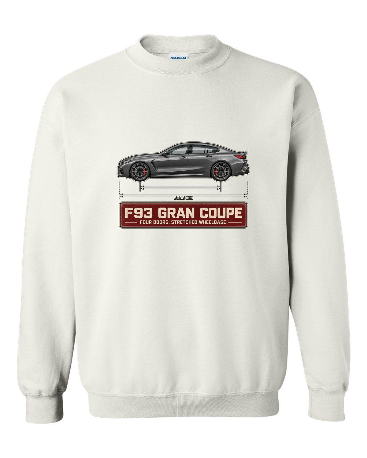 BMW M8 Competition Gran Coupe F93 blueprint print on a tee white crewneck front view with the design