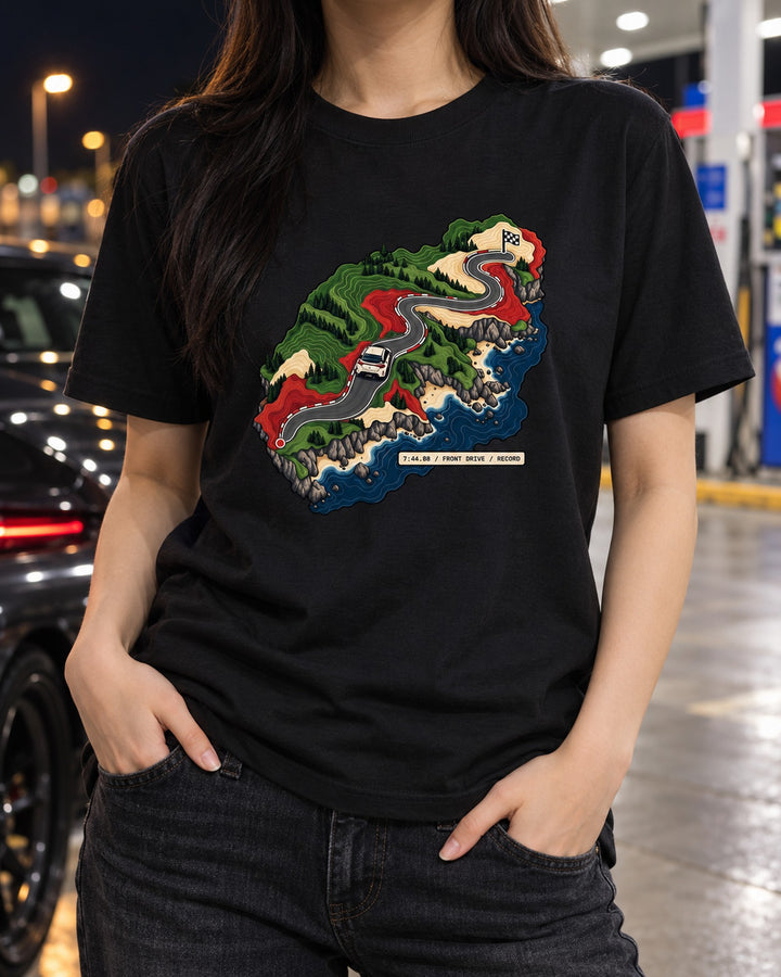 Honda Civic Type R FL5 Front-Drive Lap Record Route Map Tee T-Shirt Black worn hero