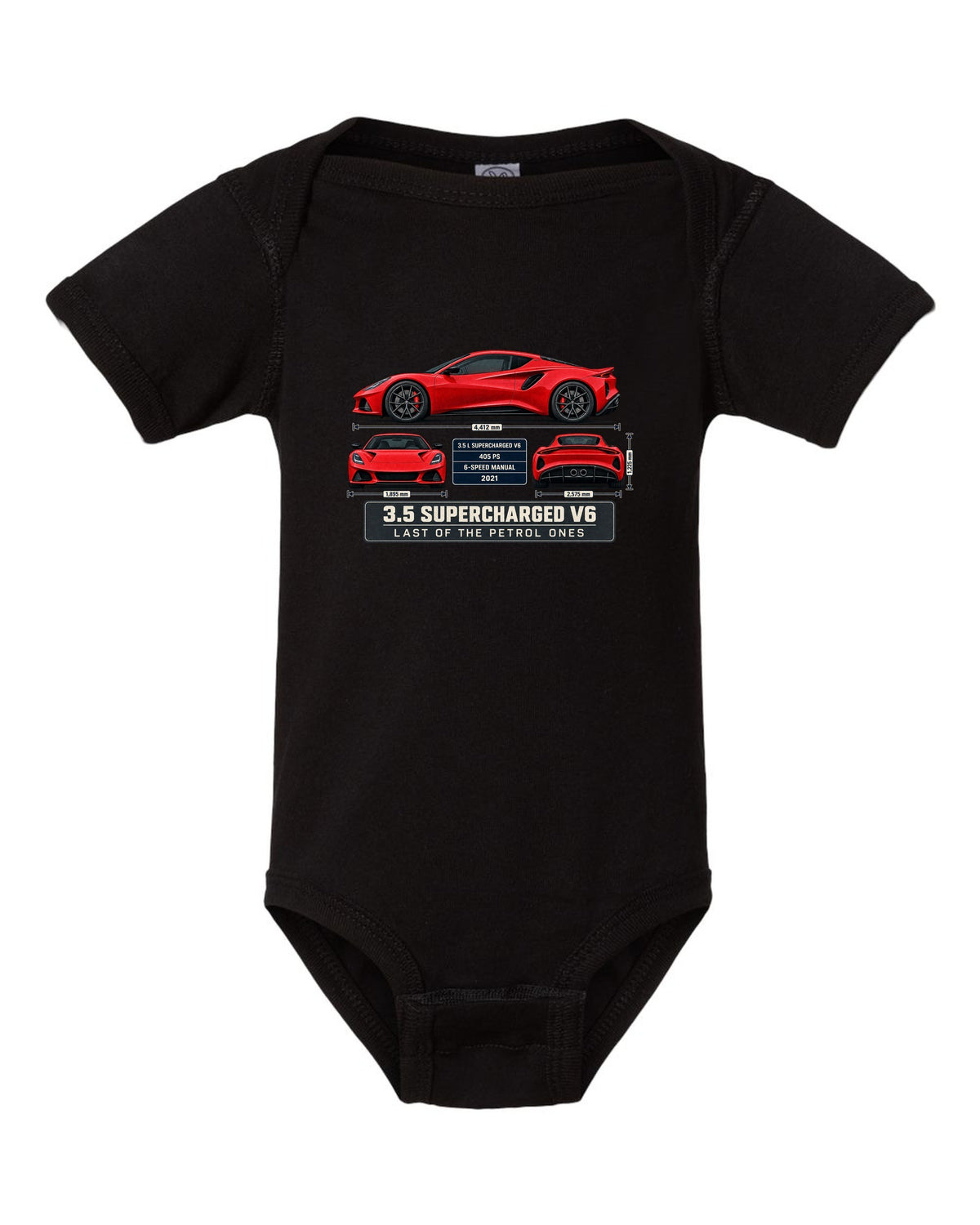 Lotus Emira V6 First Edition Spec Poster Tee, 3.5 Supercharg black baby onesie front view with the design