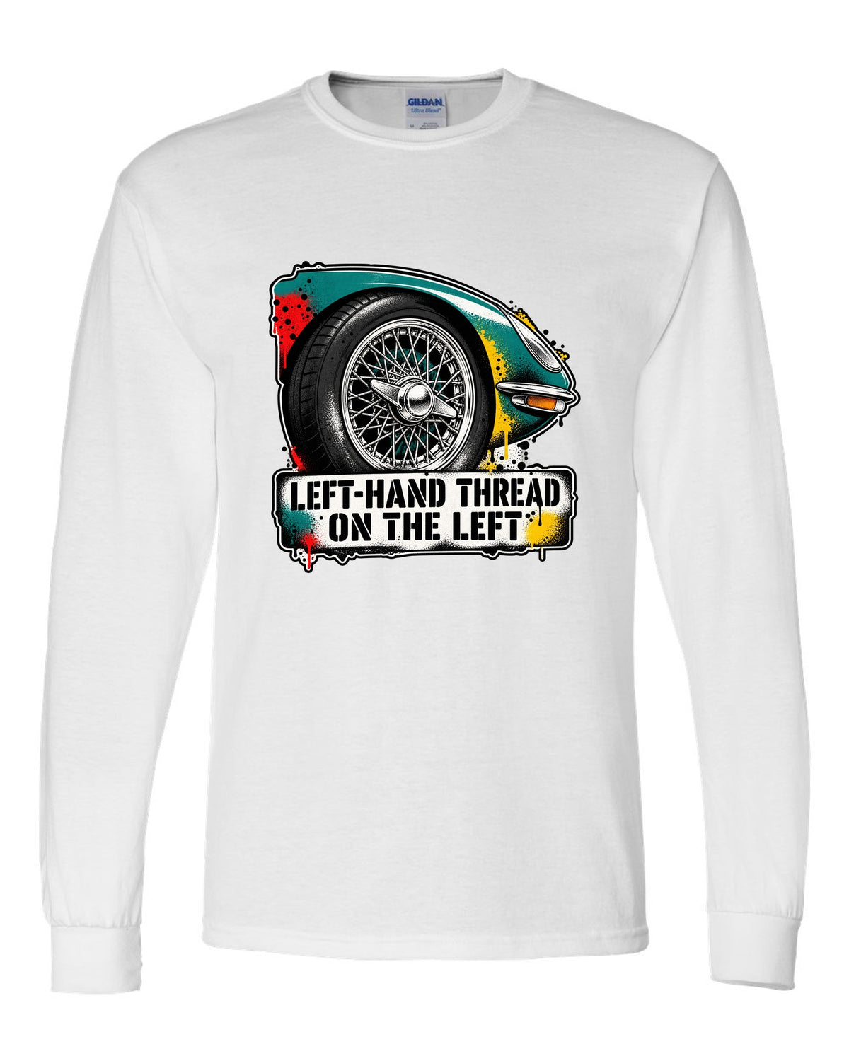 Jaguar E-Type Series 1 stencil spray with LEFT-HAND THREAD ON THE LEFT lettering white long sleeve front view with the design