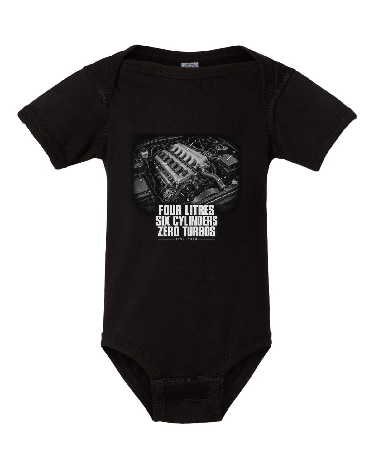 Engine hero print for the Jeep Wrangler TJ, Four Litres Six Cylinders Zero Turbos black baby onesie front view with the design