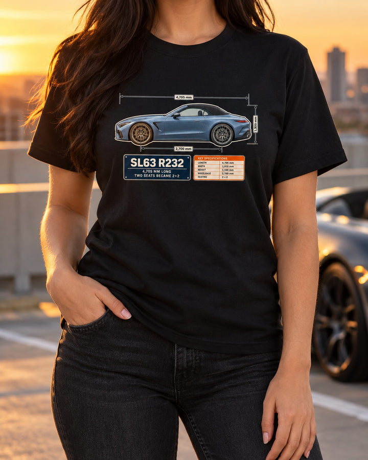 Mercedes-AMG SL63 R232 Dimension Blueprint Shirt, 2+2 Roadster Tee T-Shirt Black worn hero