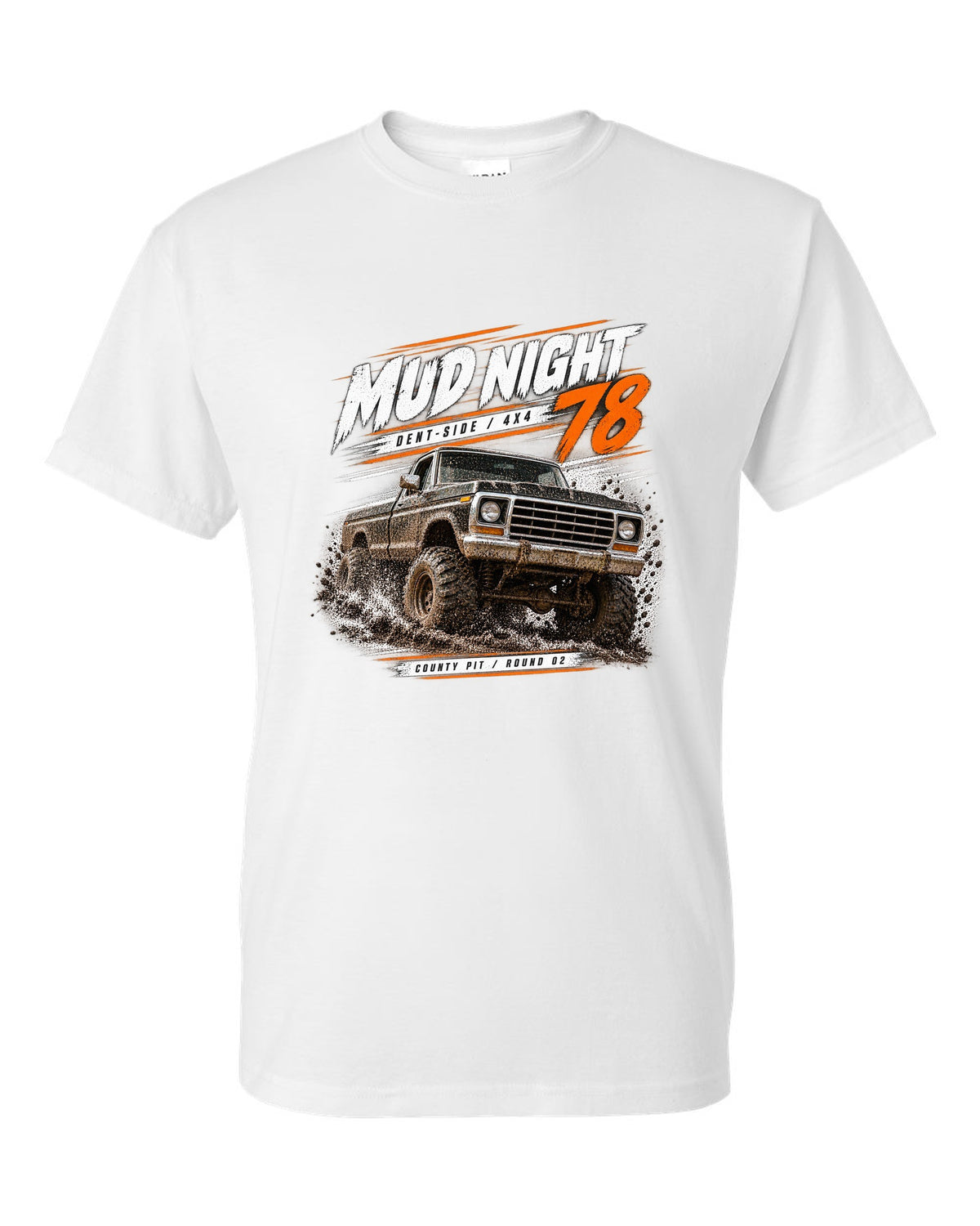 Ford F-150 Dent-Side 1973-79 4x4 Mud Night Race Poster Tee white t-shirt front view with the design