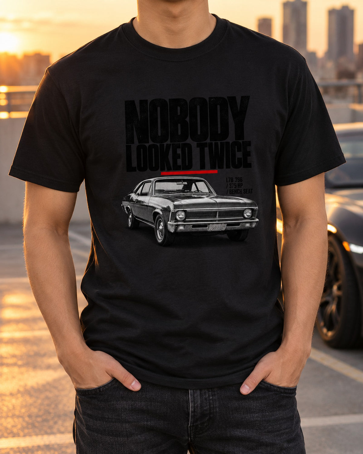 1969 Nova SS 396 Halftone print Shirt, Bench Seat T-Shirt Black worn hero