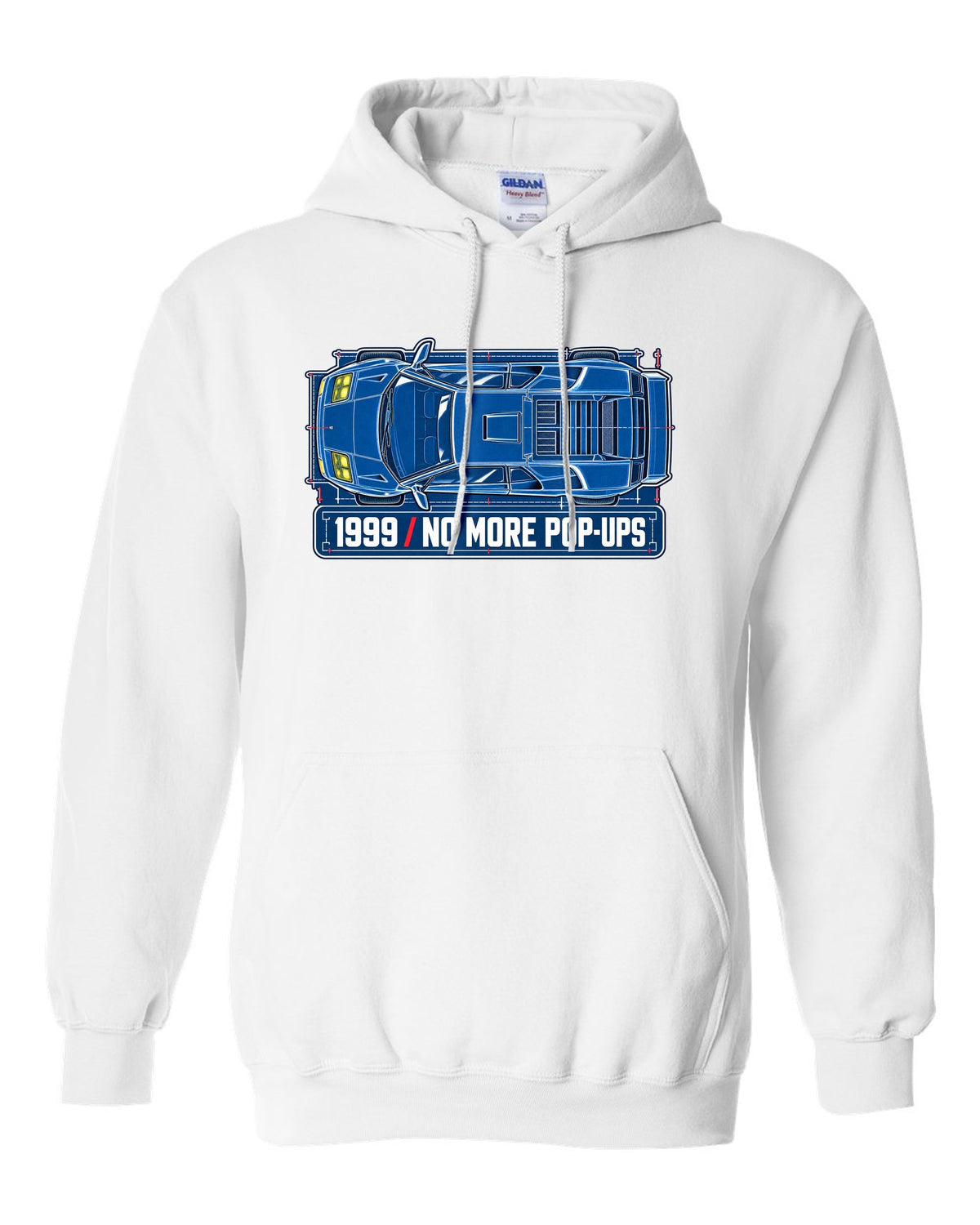 Cyanotype blueprint of a 1999 facelift Lamborghini Diablo with no more pop-ups lettering white pull over hoodie front view with the design