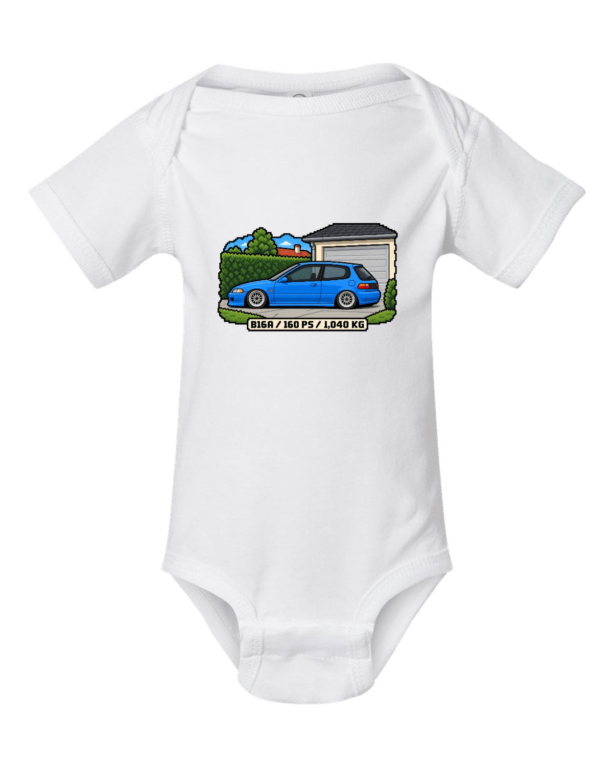 16-bit pixel art print of a 1992 Honda Civic EG6 ch with B16A and 160 PS text white baby onesie front view with the design