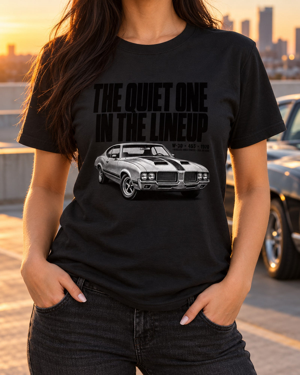 1970 Oldsmobile 442 W-30 Quiet One Halftone print Shirt T-Shirt Black worn hero