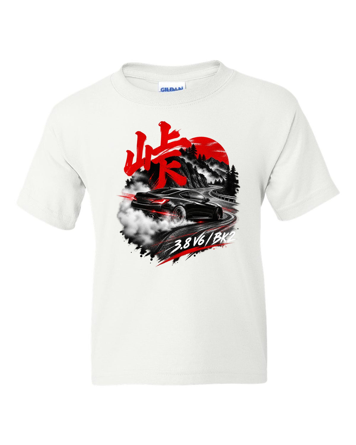 Hyundai Genesis Coupe BK2 on a mountain pass at night with kanji touge text white kids tee front view with the design