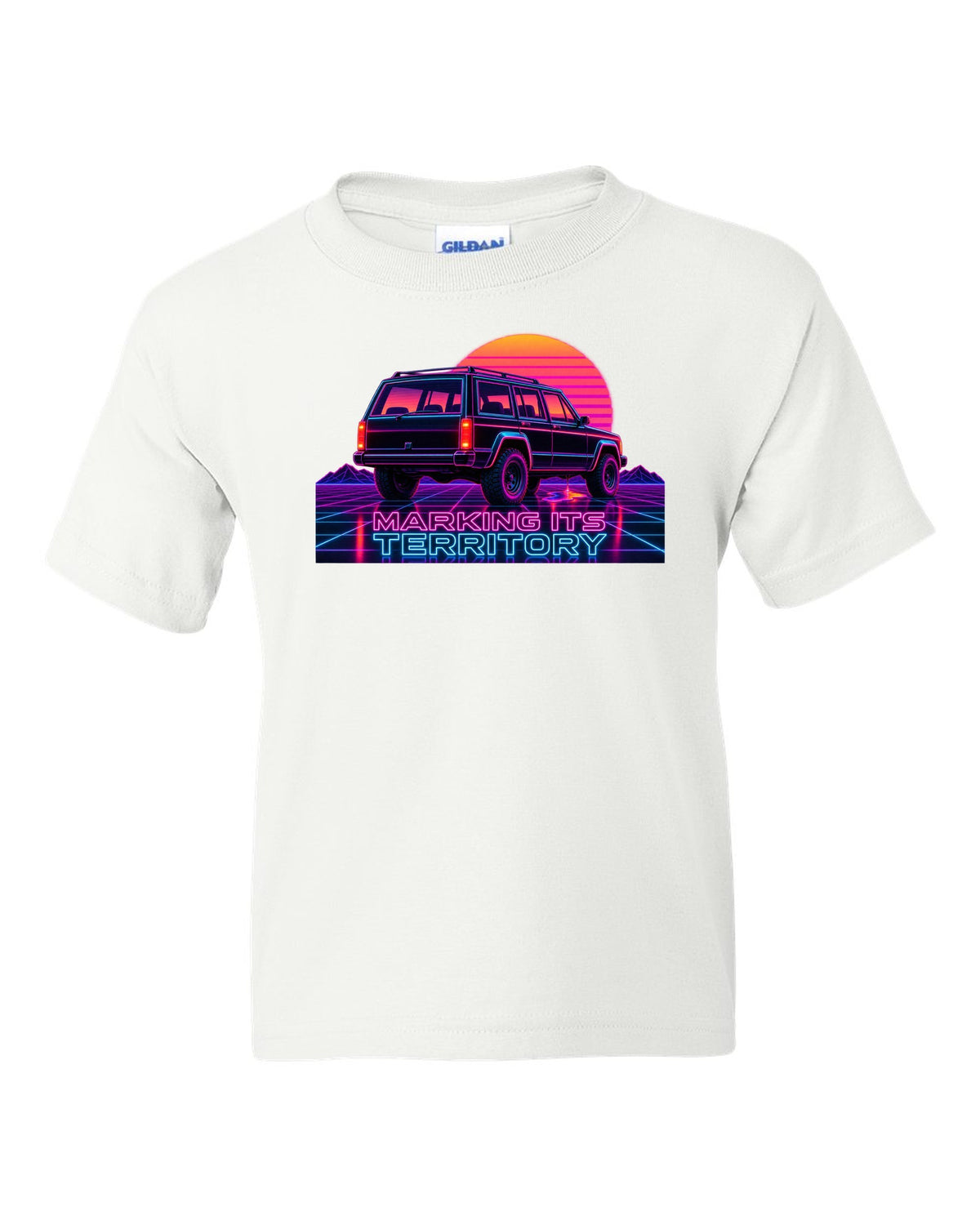 Neon synthwave print of a Jeep Cherokee XJ with the words Marking Its Territory white kids tee front view with the design