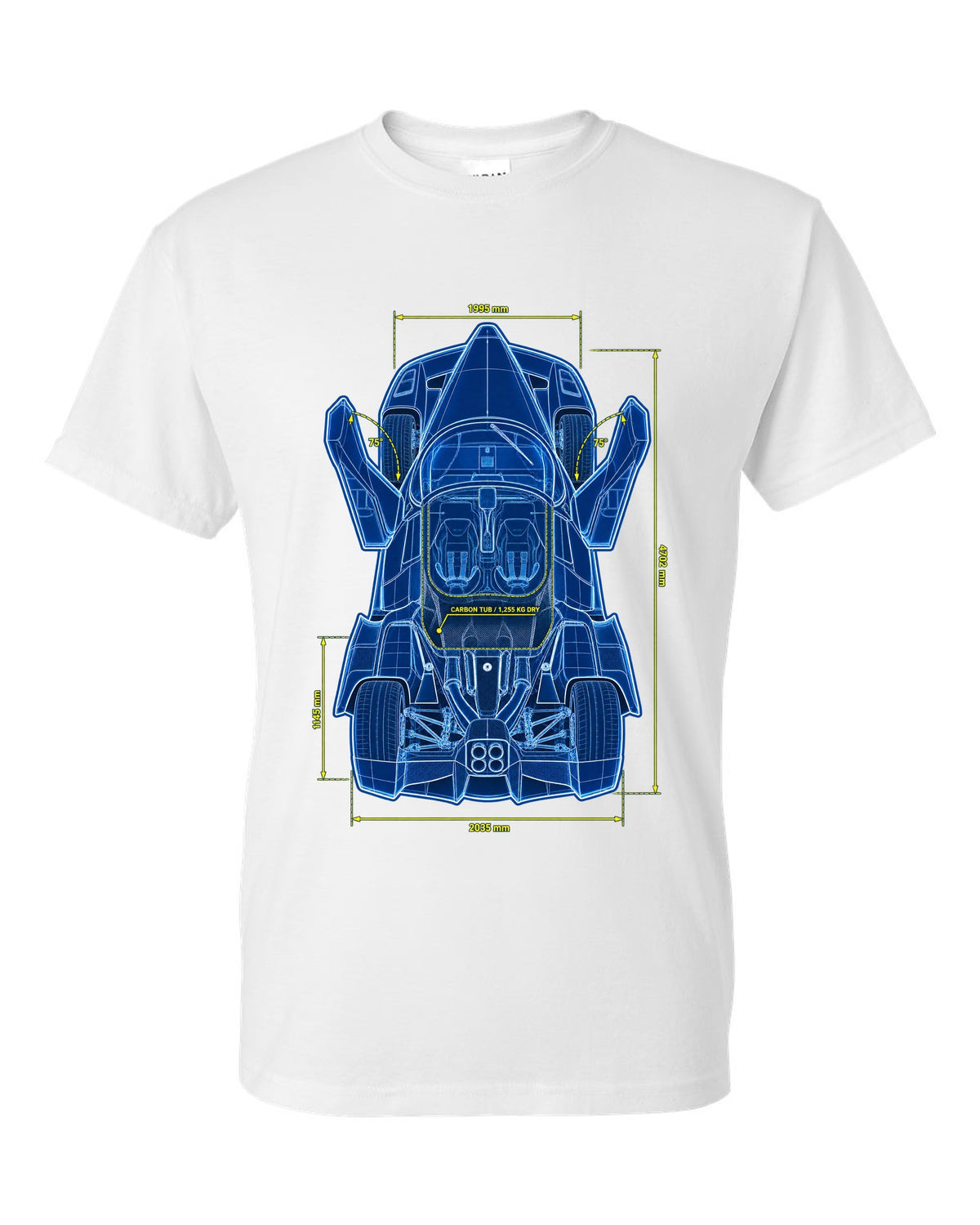 Technical top-plan blueprint print of a 2002 Ferrari Enzo F140 with carbon tub and 1,255 KG dry text white t-shirt front view with the design