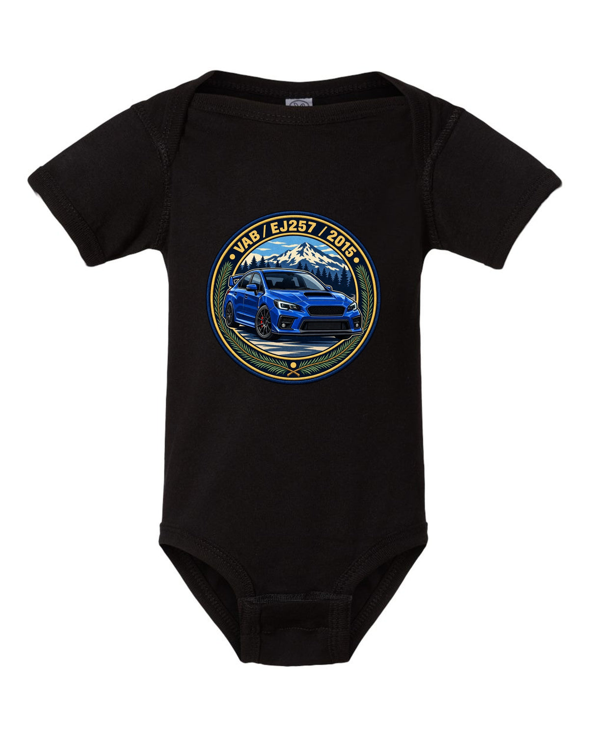 Subaru WRX STI VAB round varsity crest print, VAB / EJ257 / 2015 black baby onesie front view with the design