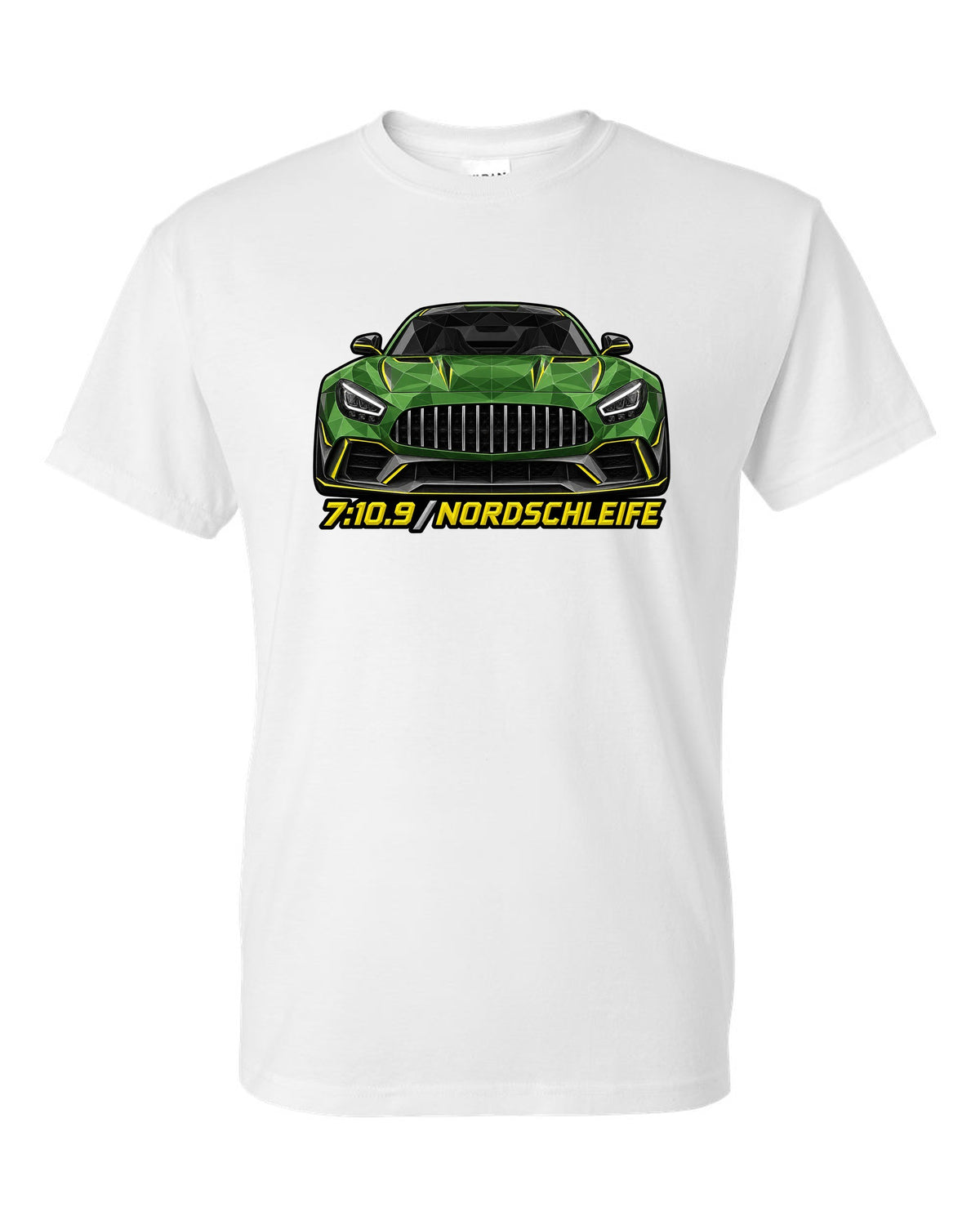 Low-poly wireframe illustration of a Mercedes AMG GT R C190 with 7:10.9 Nordschleife text white t-shirt front view with the design