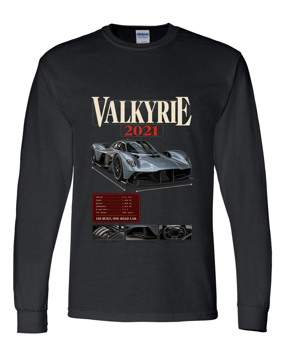 Aston Martin Valkyrie 2021 archive panel print with 150 built one road car text black long sleeve front view with the design