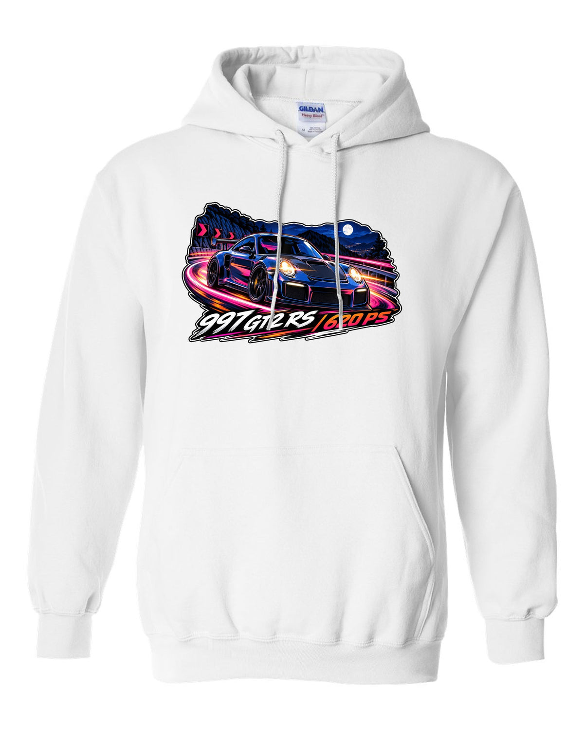 Cel-shaded anime night touge design featuring the Porsche 997 GT2 RS with 620 PS lettering white pull over hoodie front view with the design