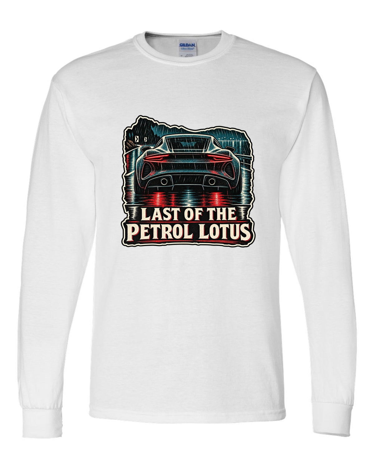 Lotus Emira in linocut woodcut style with LAST OF THE PETROL LOTUS lettering white long sleeve front view with the design