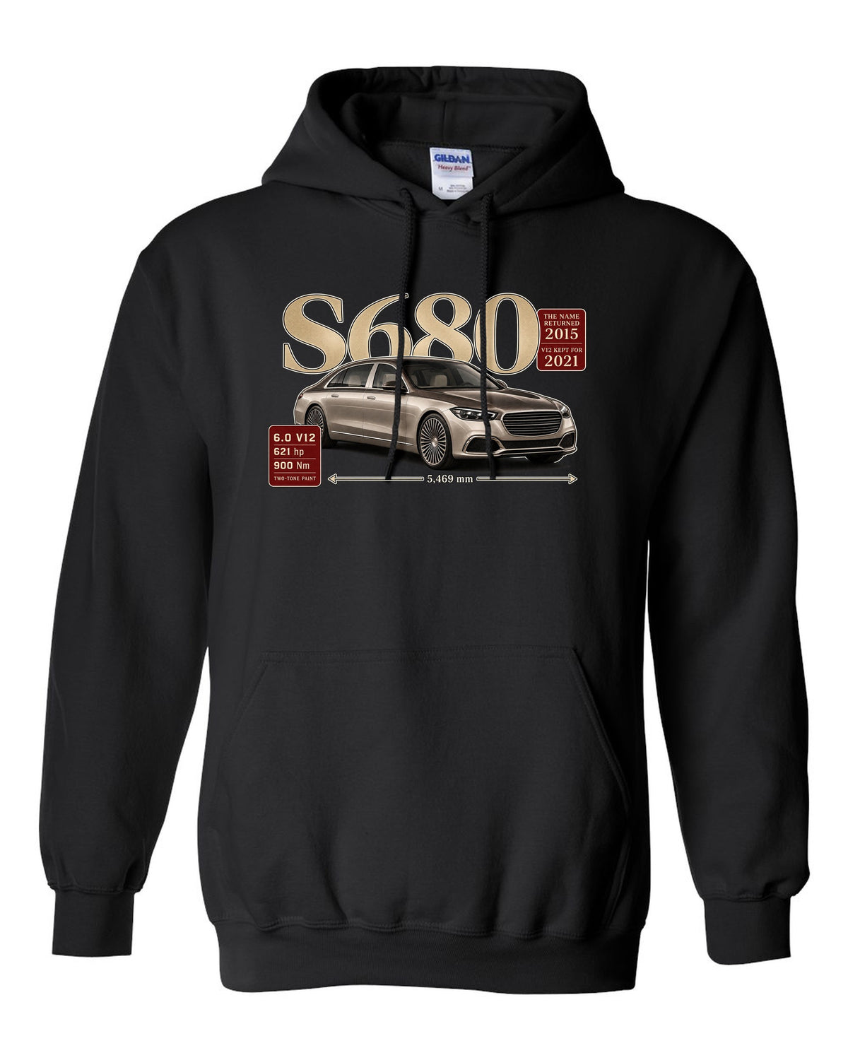 print archive panel of a Mercedes-Maybach S680 Z223 three-quarter with serif title black pull over hoodie front view with the design