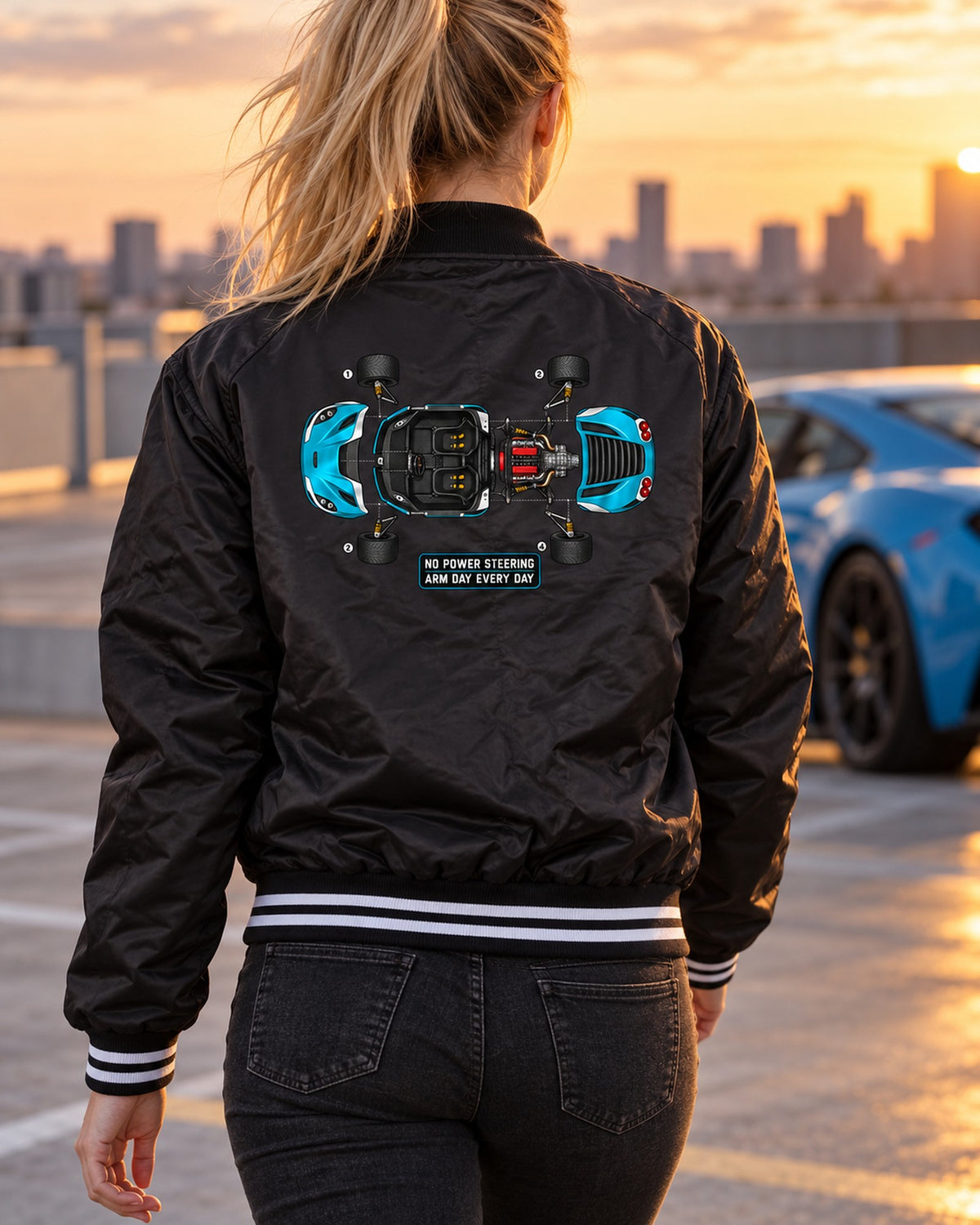 Alfa Romeo 4C Exploded Blueprint Tee, Arm Day Every Day Bomber Jacket Black worn hero