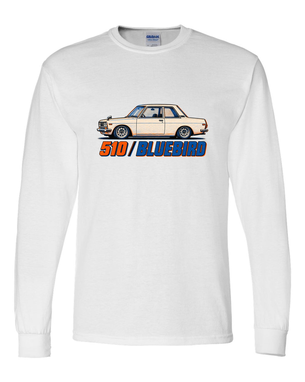 Risograph box print of the Datsun 510 Bluebird with 510 Bluebird lettering white long sleeve front view with the design