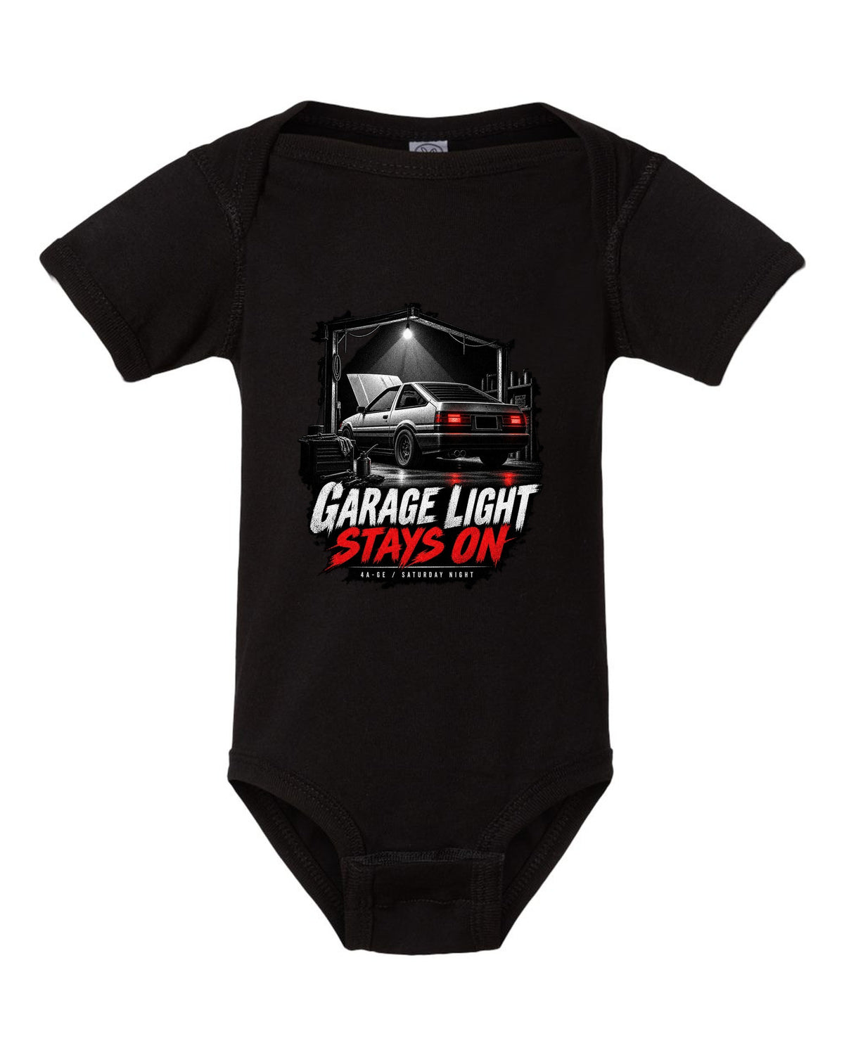 Garage night print of a Toyota AE86 Sprinter Trueno with 4A-GE lettering black baby onesie front view with the design