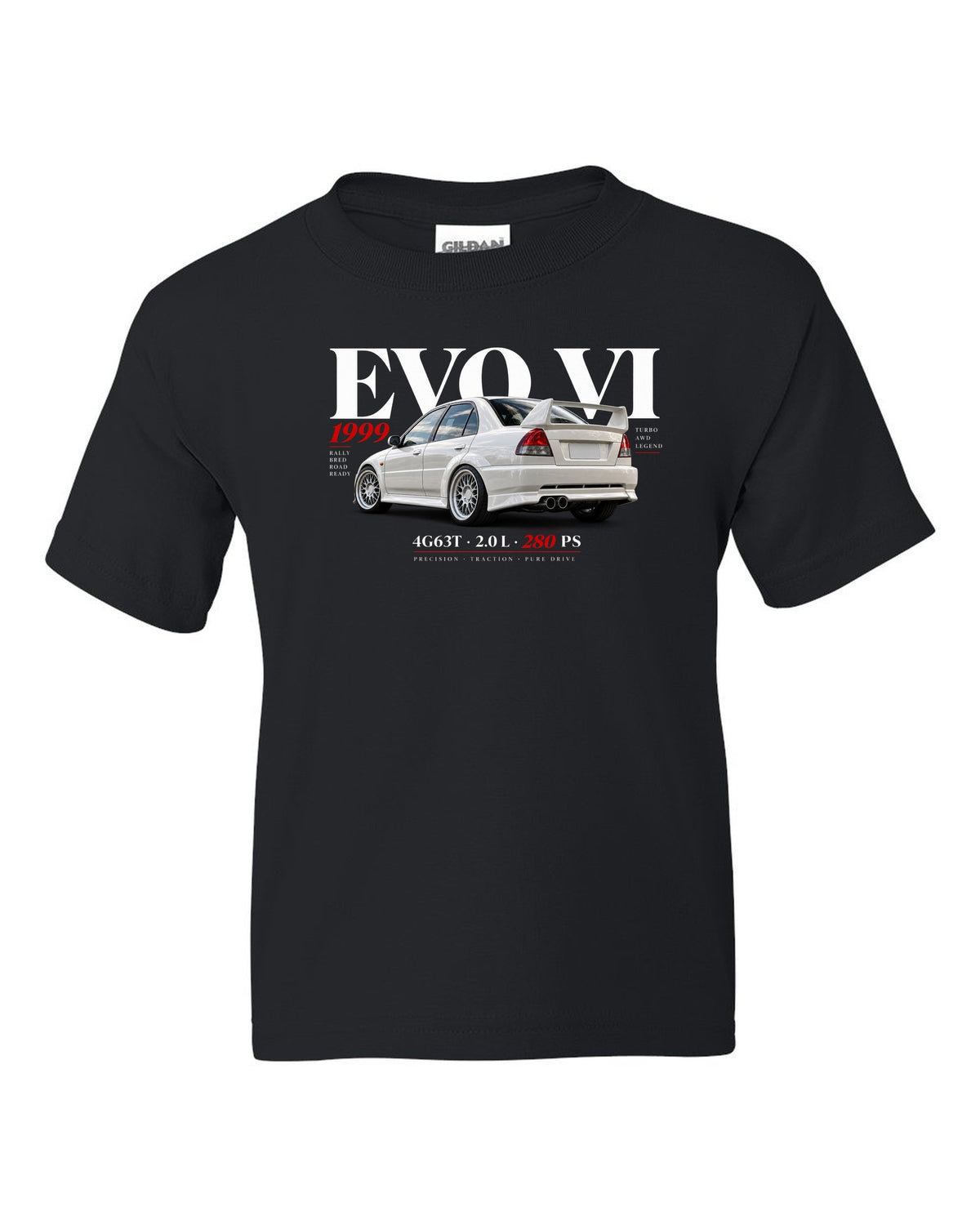 Mitsubishi Lancer Evolution VI TME CP9A editorial headline with 4G63T specs black kids tee front view with the design