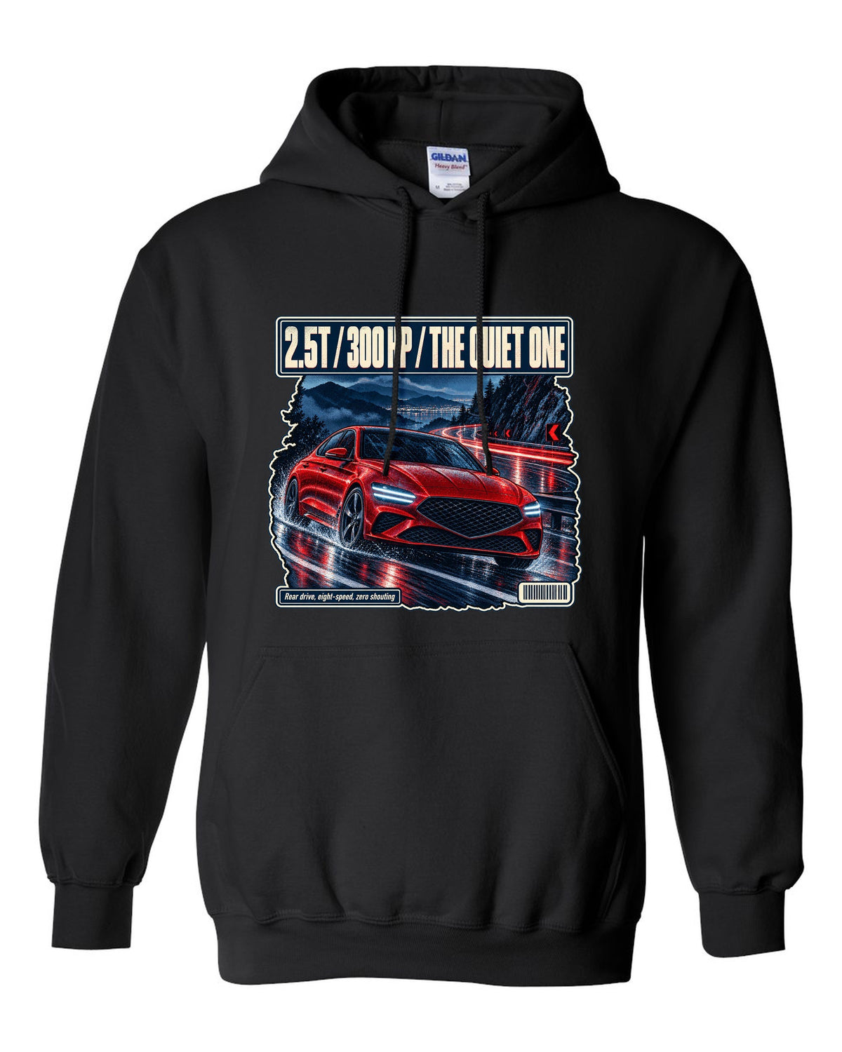Night touge print of the Genesis G70 with 2.5T 300 HP lettering black pull over hoodie front view with the design