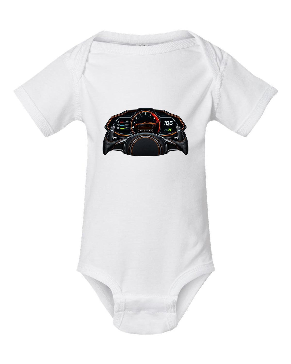 Gauge cluster and HUD style print for the 2018 Aston Martin DBS Superleggera with AM7 and 5.2 V12 readout white baby onesie front view with the design