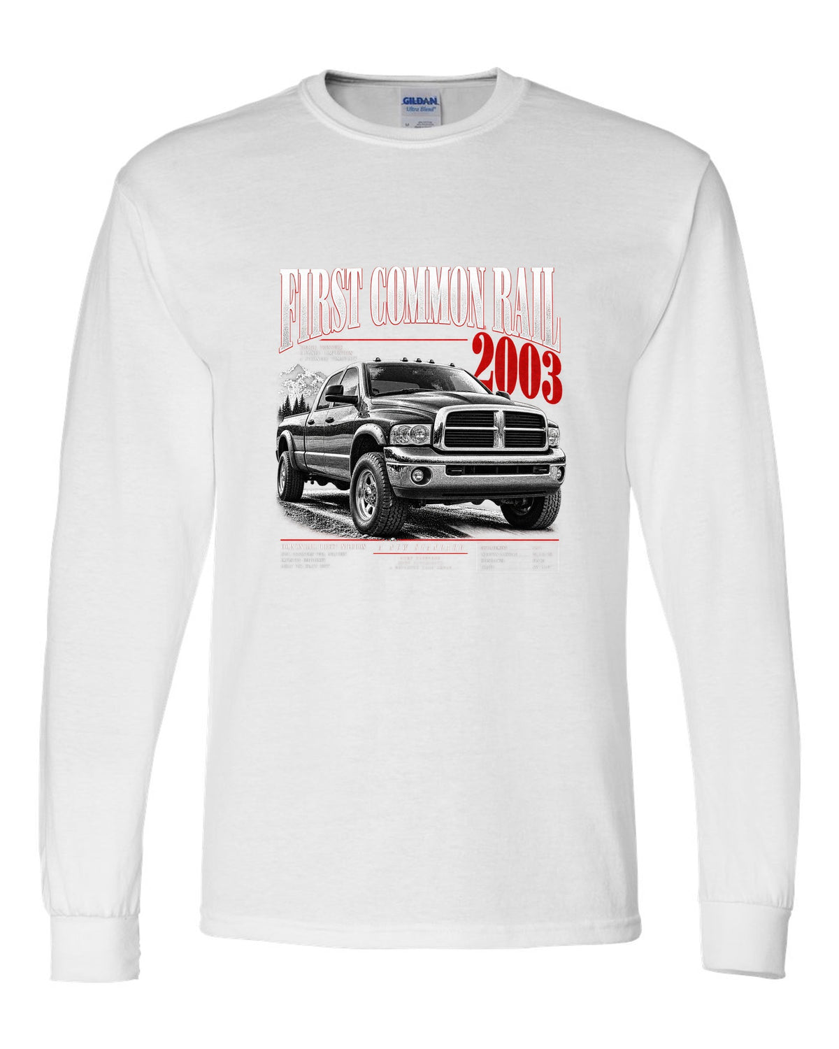 Editorial headline of a 2003-2009 Ram 2500 3rd gen with the text First Common Rail 2003 white long sleeve front view with the design