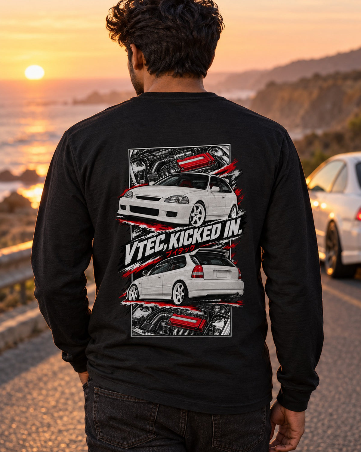 Honda Civic Ek9 Torn Poster Full-Back Graphic Tee Long Sleeve Black worn hero