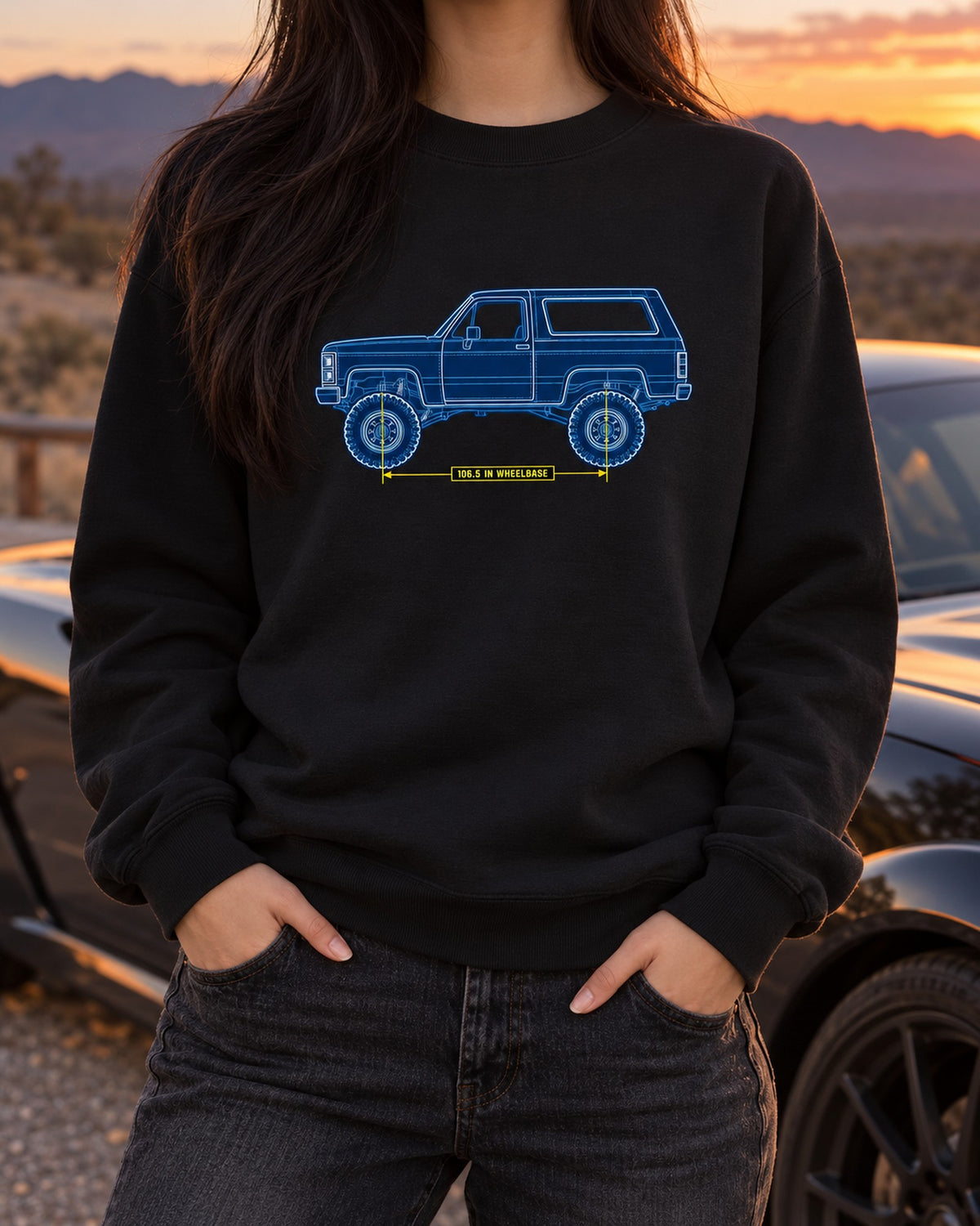Chevrolet K5 Blazer Blueprint Side View Shirt, Squarebody Gift Crewneck Black worn hero