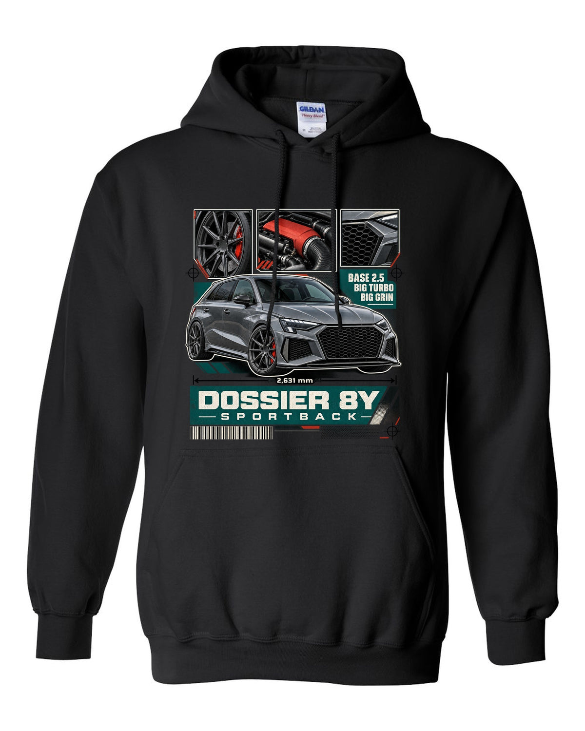 Three-panel dossier of an Audi RS3 8Y Sportback pre-facelift black pull over hoodie front view with the design