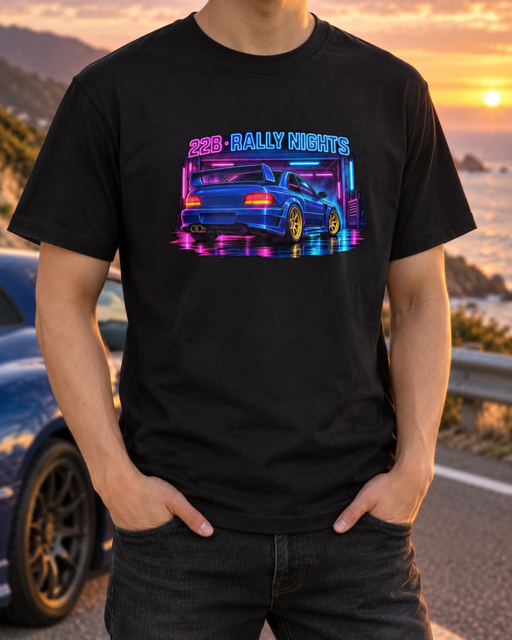 Subaru Impreza 22B STI Neon Rally Nights Garage Shirt T-Shirt Black worn hero