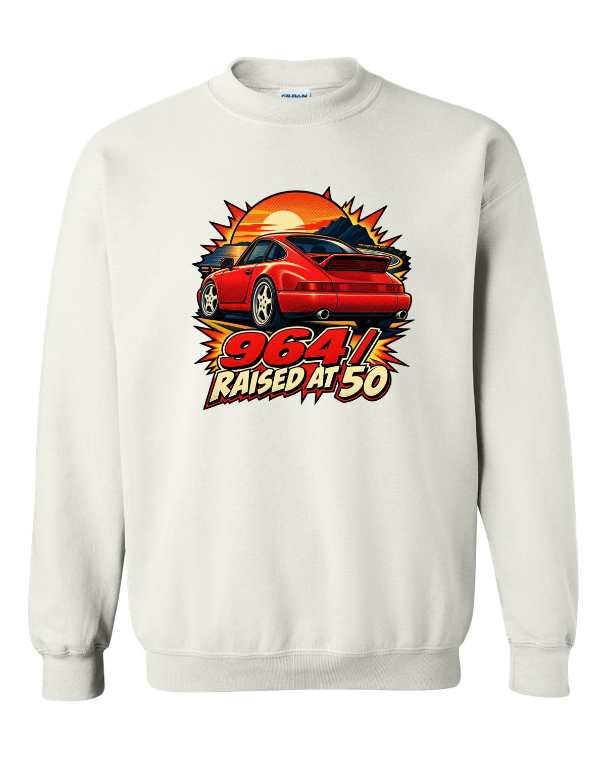 Comic dot-ink illustration of a Porsche 911 Carrera 964 with its spoiler raised white crewneck front view with the design