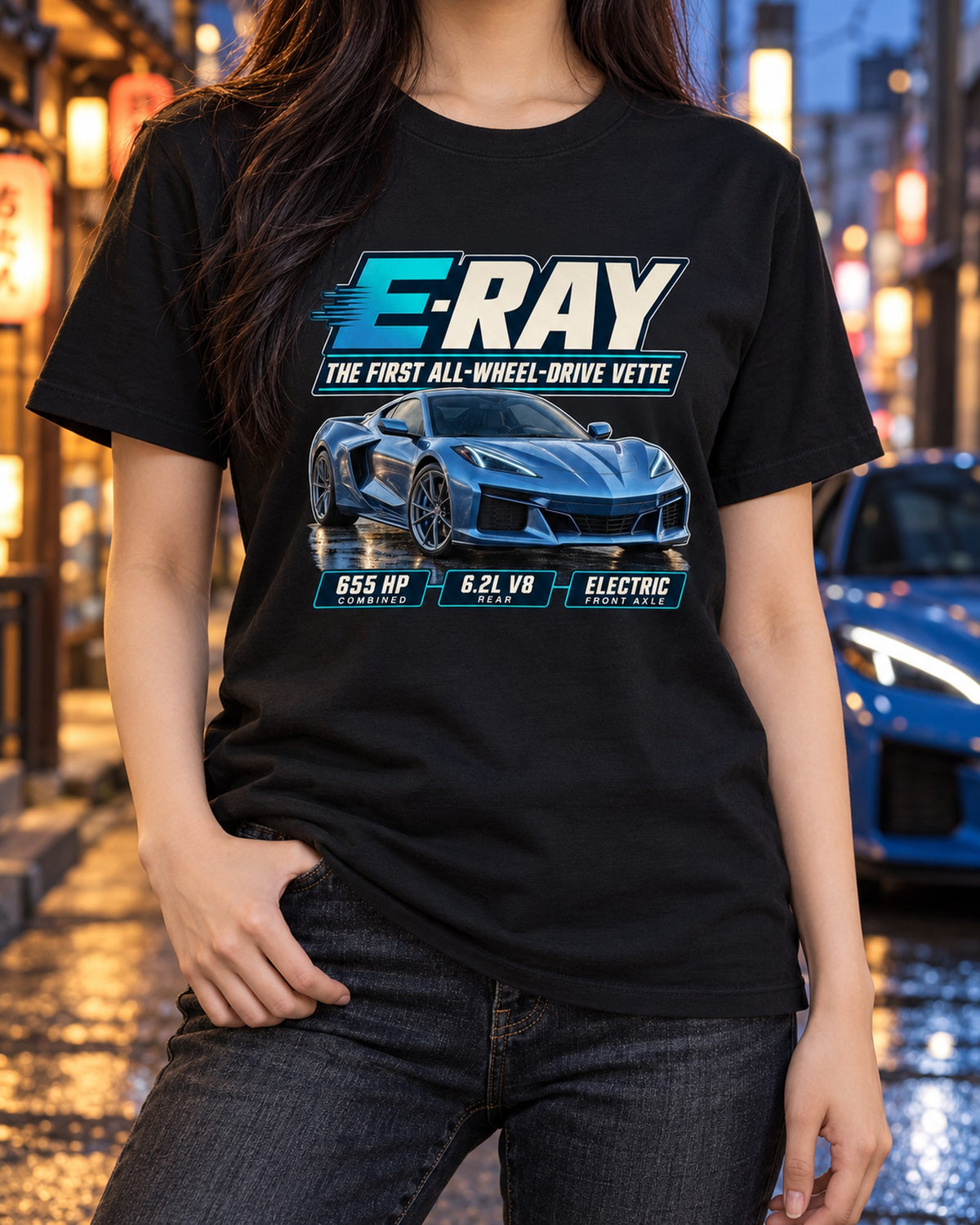 Chevrolet Corvette C8 E-Ray Editorial Headline Shirt, AWD Vette T-Shirt Black worn hero