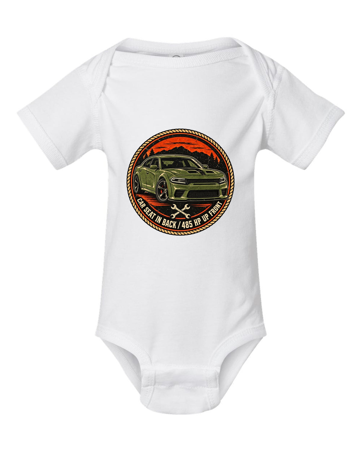 Vintage mechanic roundel patch design of a 2018 Dodge Charger Scat Pack with car seat caption white baby onesie front view with the design