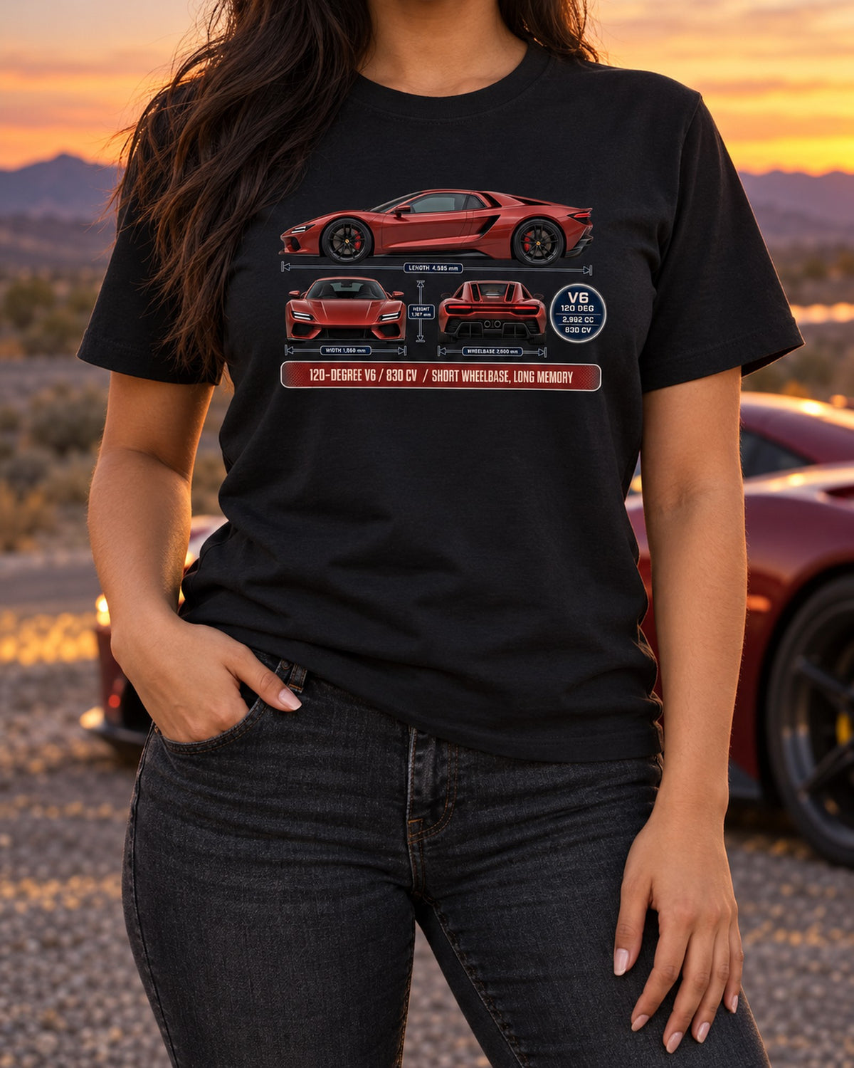 Ferrari 296 GTB Three-View Spec Table Tee, V6 Car Guy Shirt T-Shirt Black worn hero
