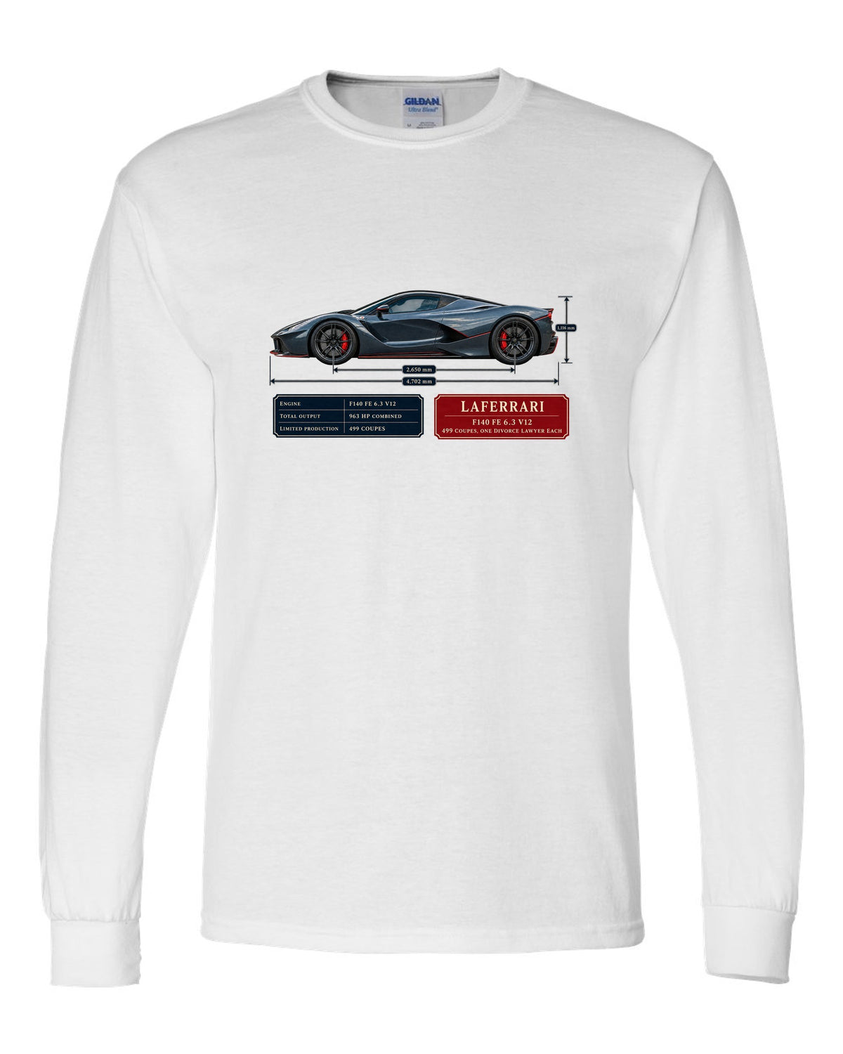 Ferrari LaFerrari dimension blueprint print with F140 FE 6.3 V12 text white long sleeve front view with the design