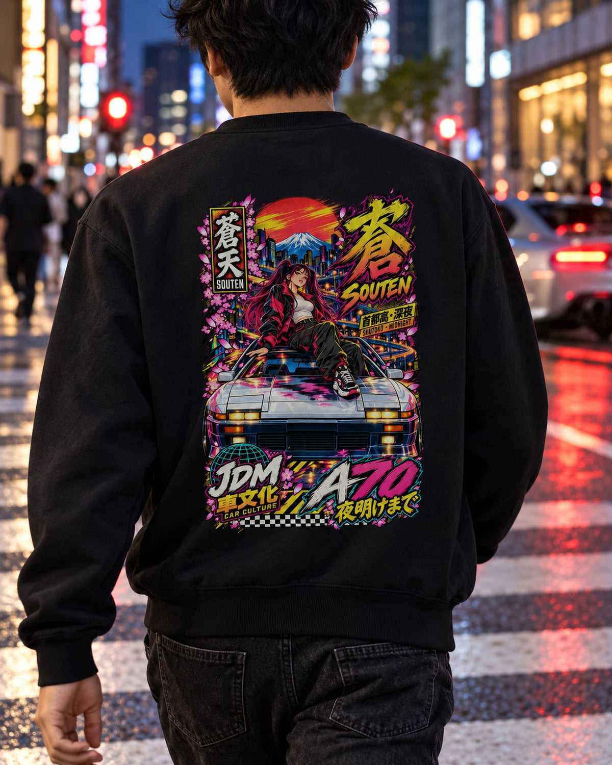 SOUTEN A70 Anime Girl Full-Back Graphic Tee Crewneck Black worn hero