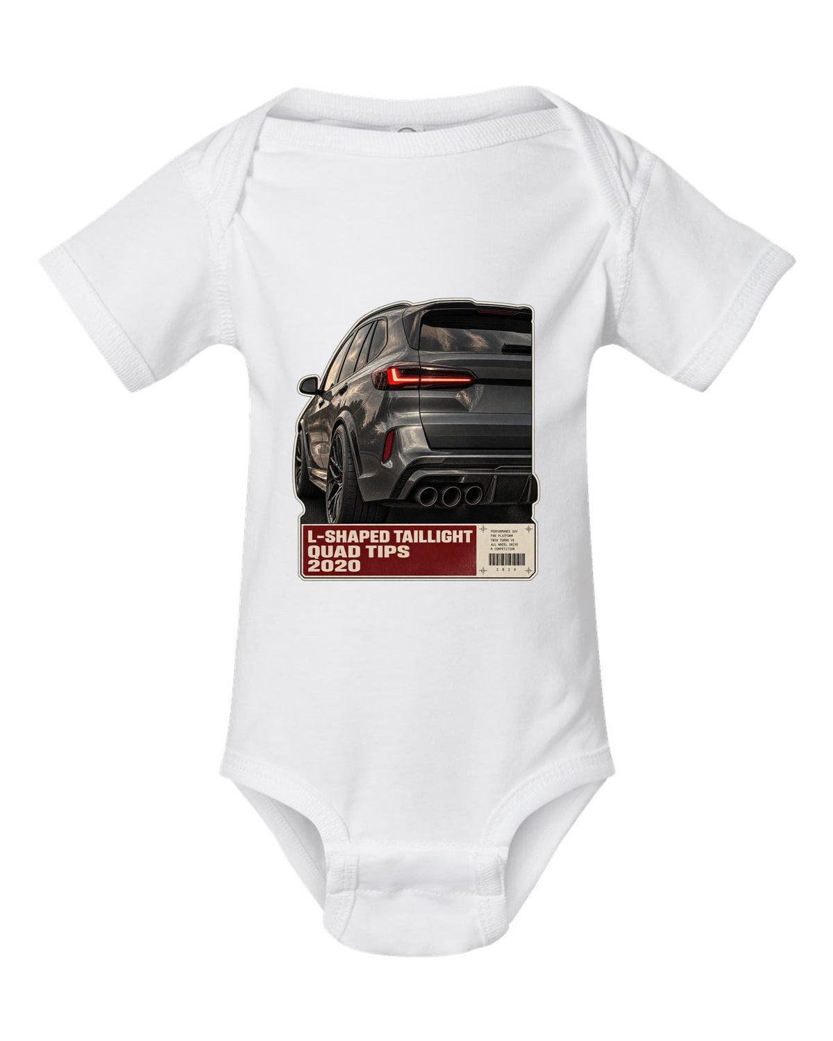 Macro print of the L-shaped taillight and quad tips on a BMW X5 M Competition F95 white baby onesie front view with the design