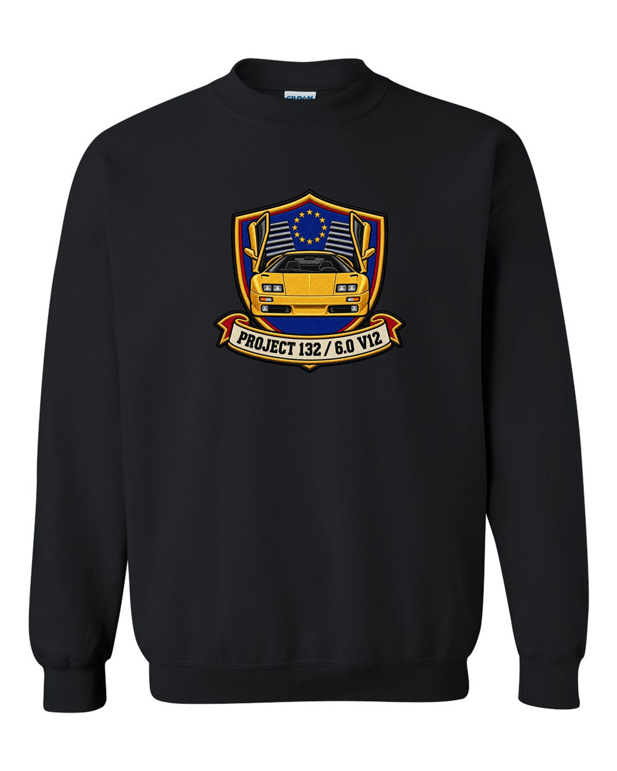 Varsity embroidery crest for a 2000 Lamborghini Diablo VT 6.0 reading Project 132 and 6.0 V12 black crewneck front view with the design