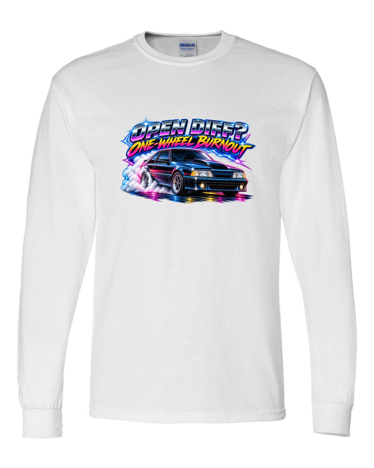 80s airbrush chrome print of a Ford Mustang Fox Body GT chback with a one-wheel burnout white long sleeve front view with the design