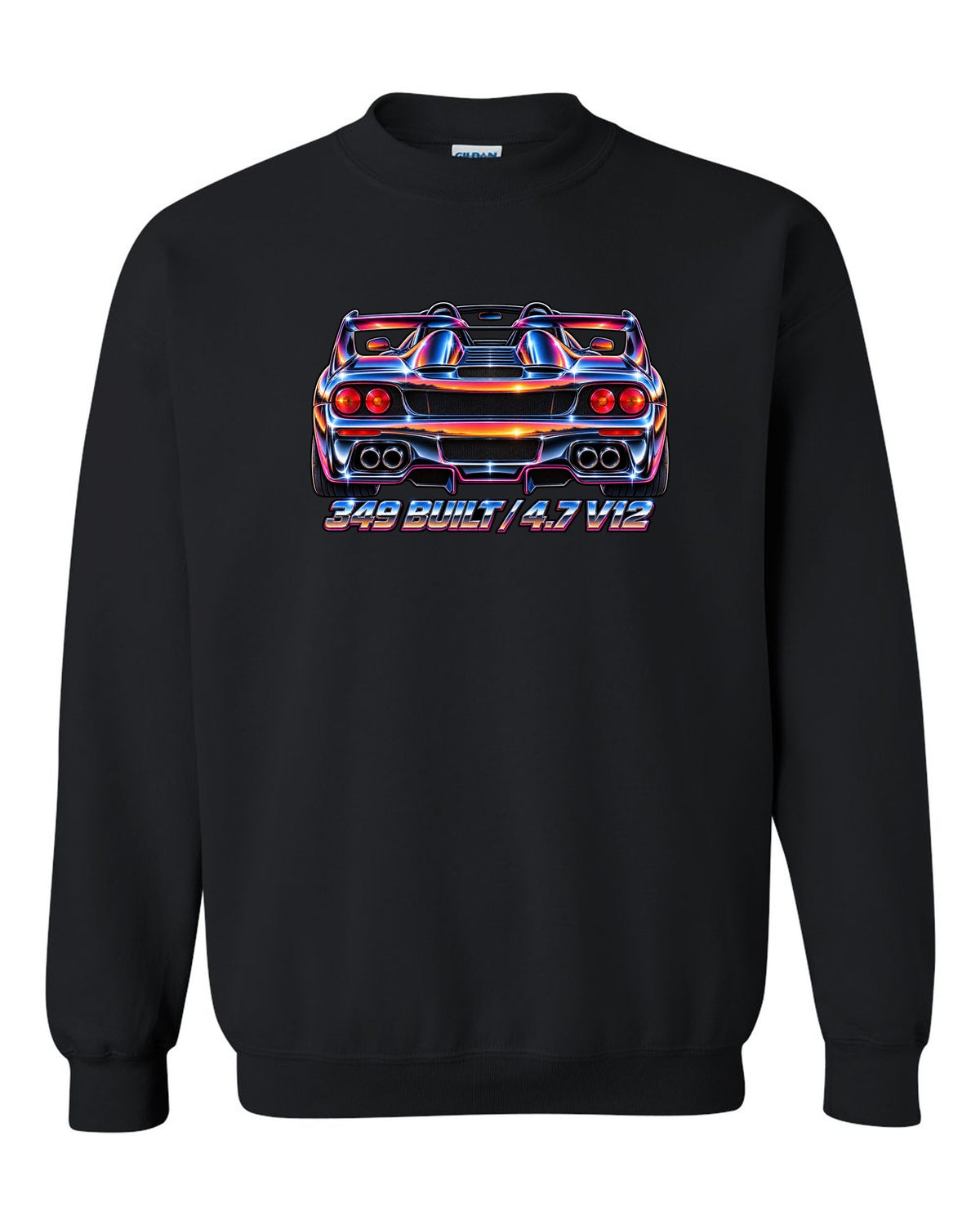 1980s airbrush chrome rear view print of a 1995 Ferrari F50 F130 with 349 built and 4.7 V12 text black crewneck front view with the design