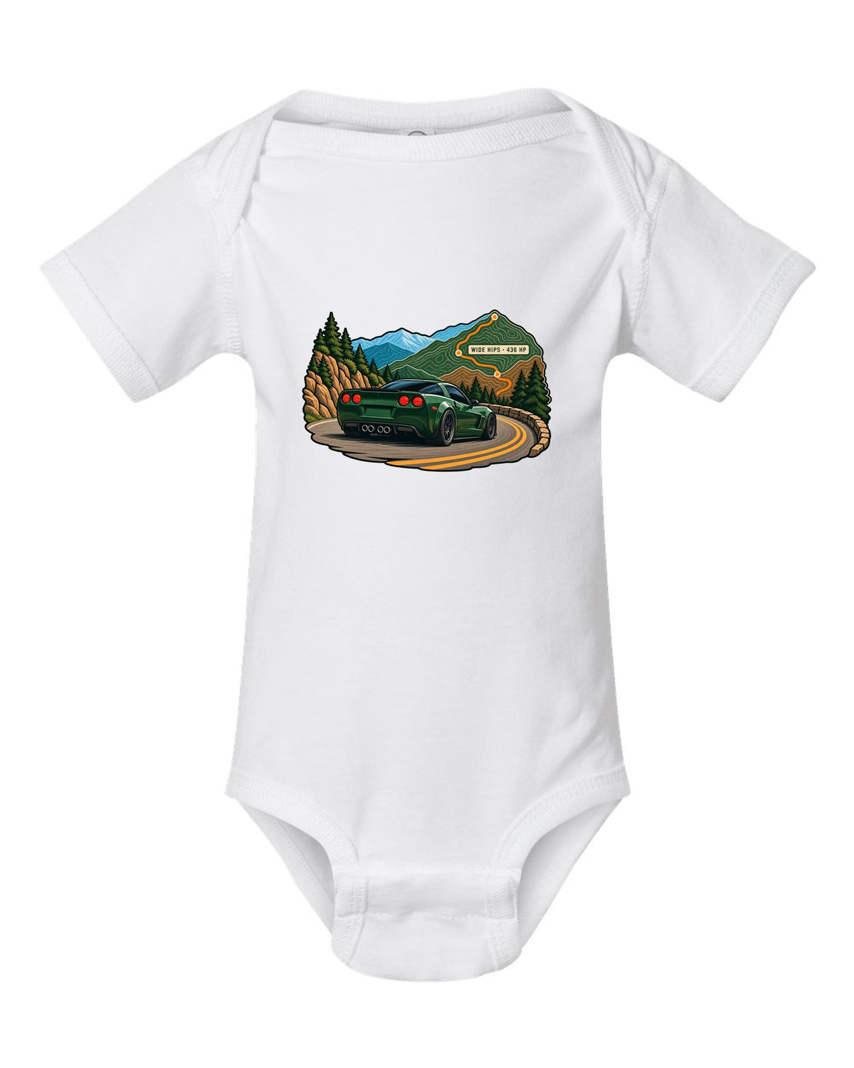 Topographic contour map print of a 2010 Chevrolet Corvette C6 Grand Sport with Wide Hips 436 HP text white baby onesie front view with the design