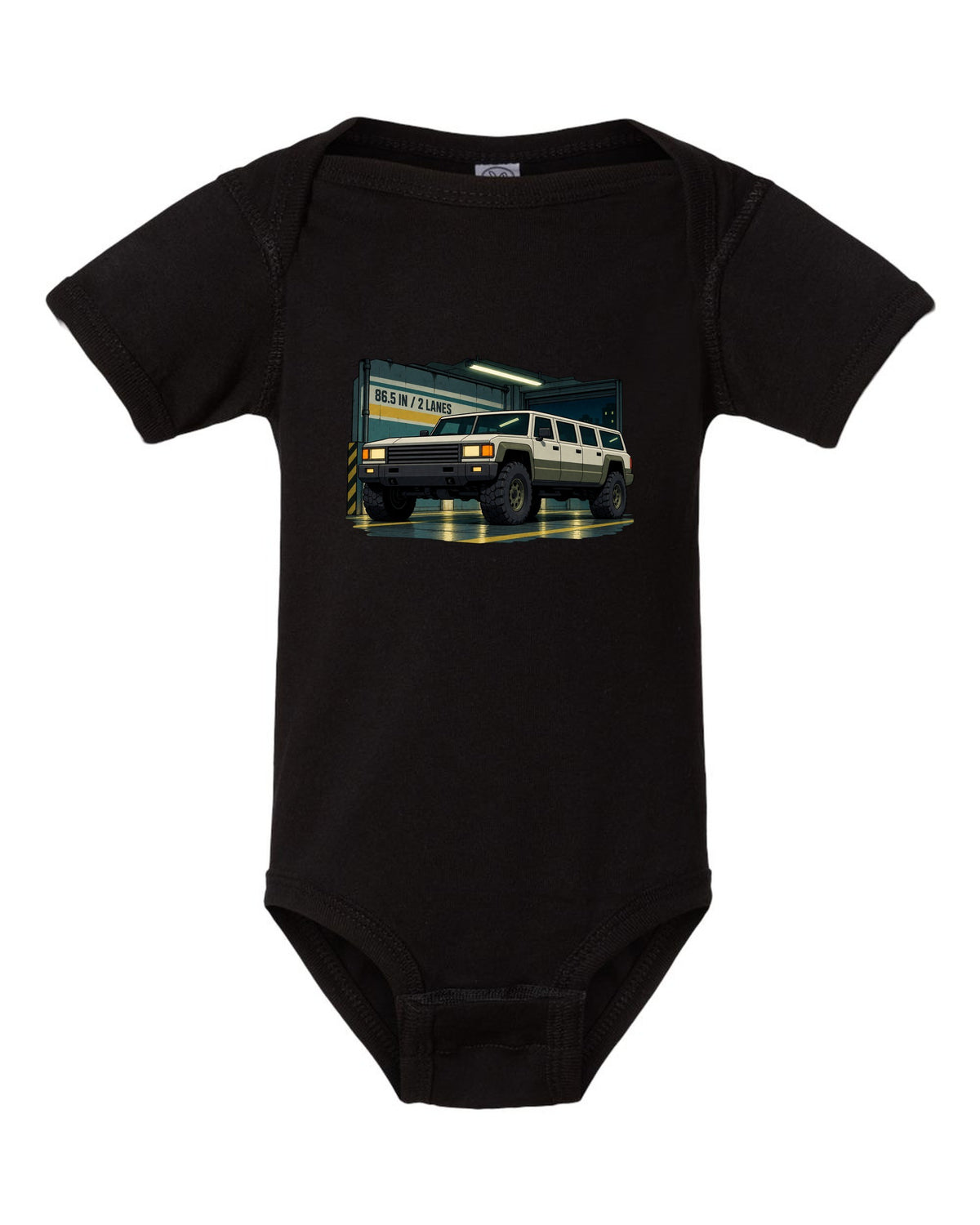 Cel-shaded 90s anime style Hummer H1 in a garage with 86.5 IN and 2 LANES text black baby onesie front view with the design