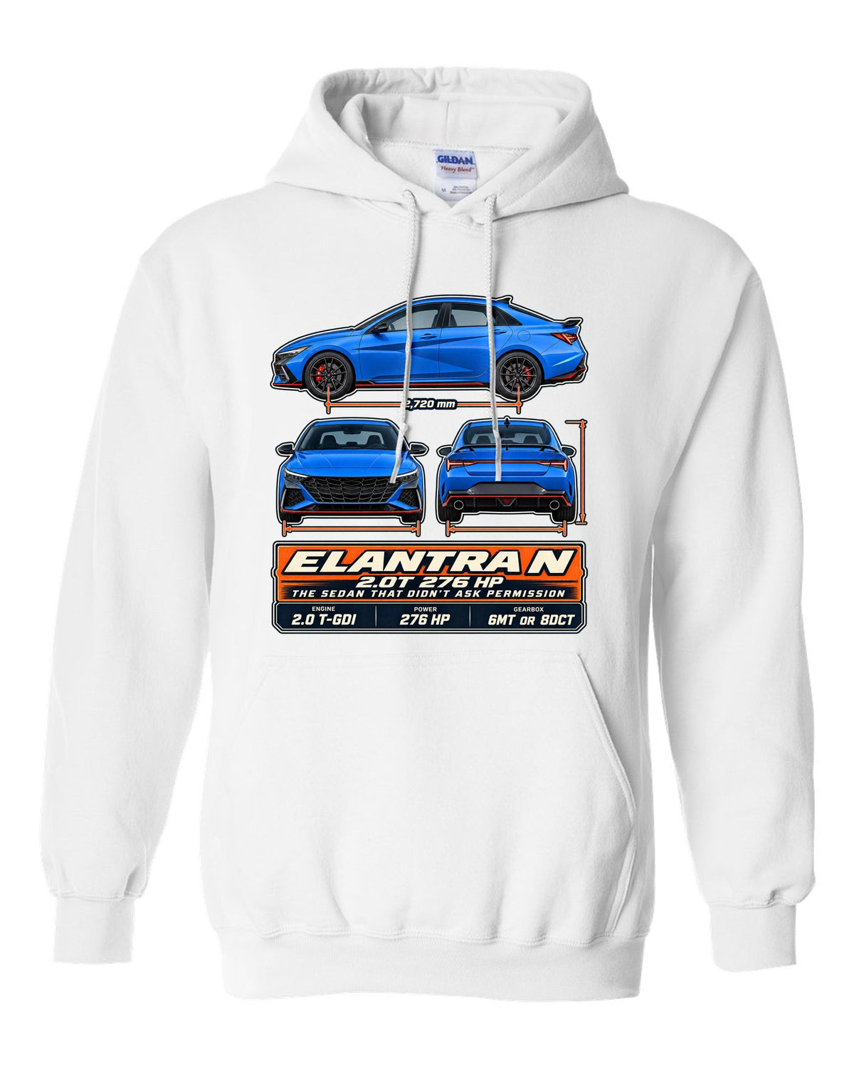 Hyundai Elantra N CN7 three-view drawing with spec table, print white pull over hoodie front view with the design