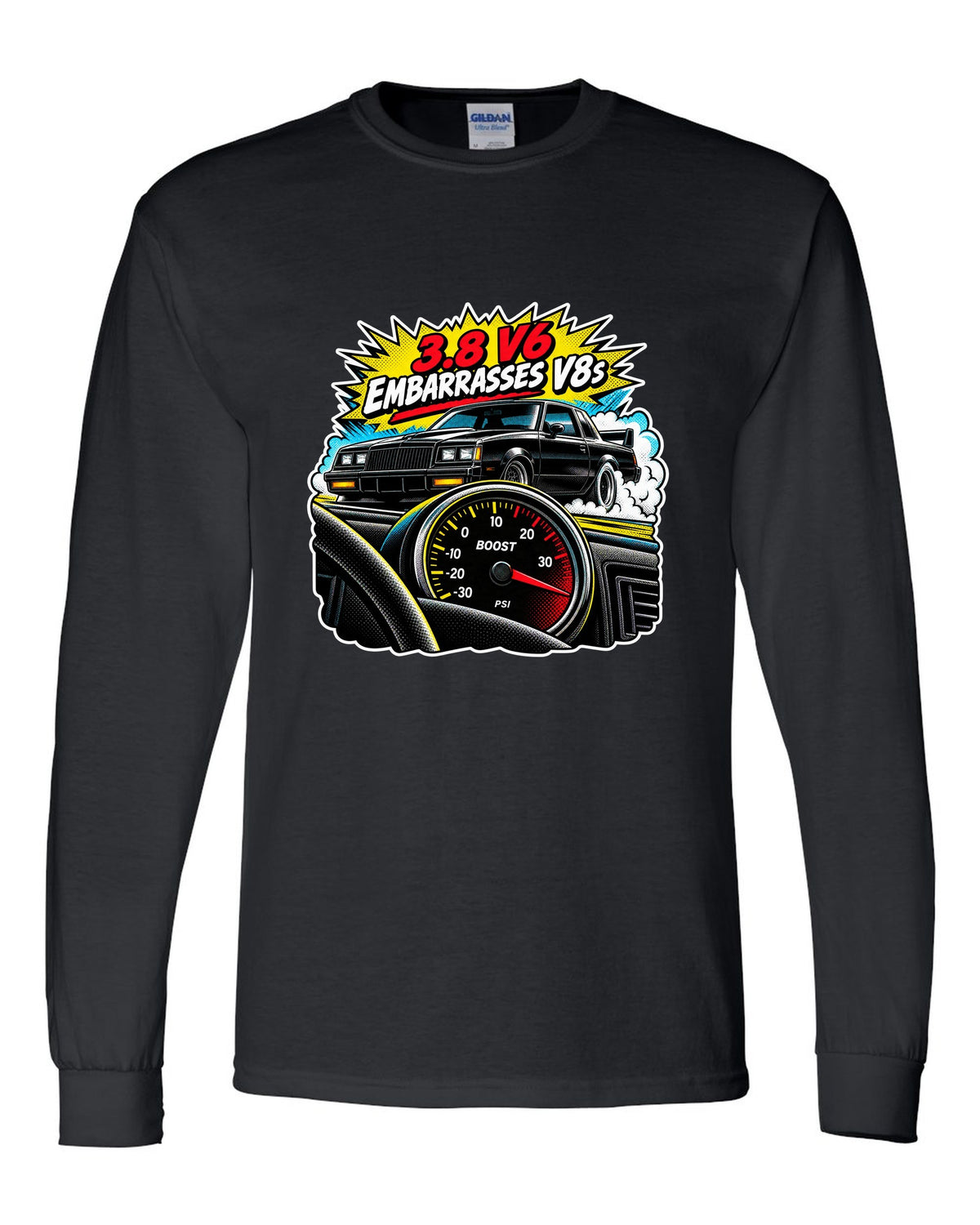 Comic halftone pop-art illustration of a 1987 Buick Grand National with boost gauge and V6 lettering black long sleeve front view with the design