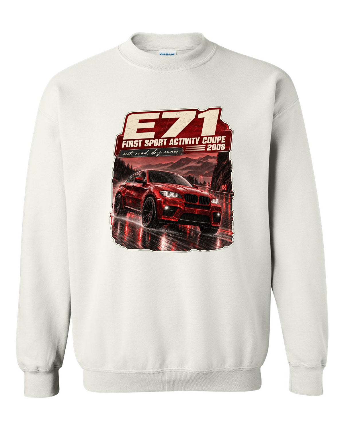 BMW X6 M E71 night street touge print on a tee white crewneck front view with the design